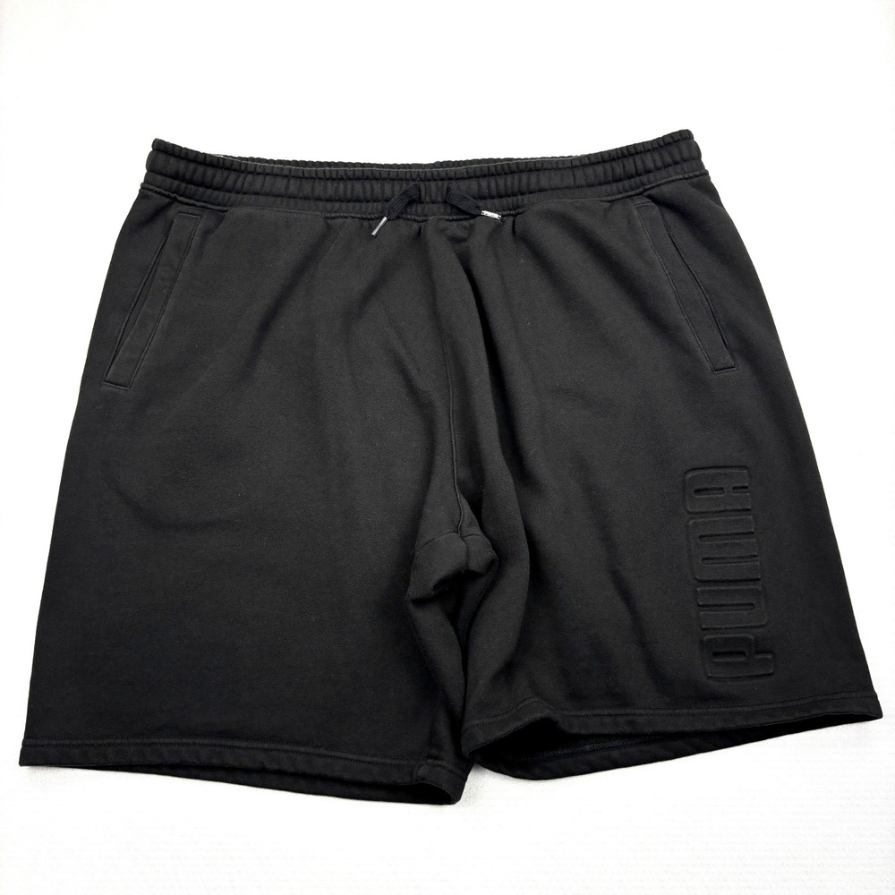Puma Shorts Mens XXL 2XL Black Fleece Embossed Spellout Drawstring Sweat Shorts